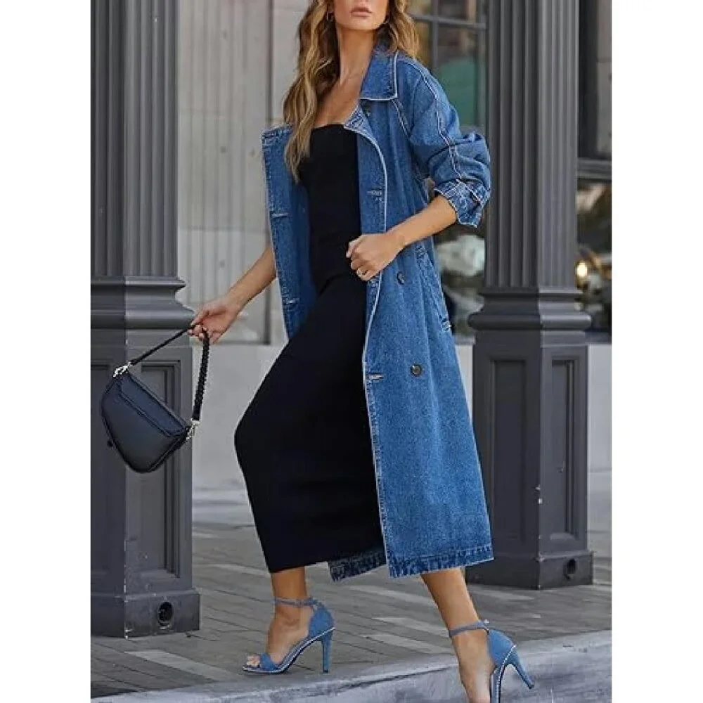 Vintage Notched Collar Denim Jacket Trench Coat Plus Size Loose Fit